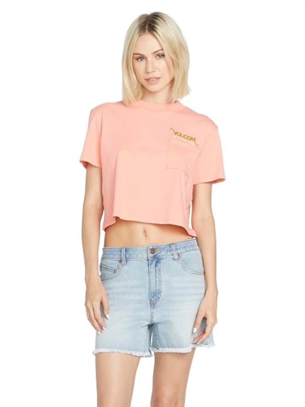 Volcom Pocket Dial Short Sleeve Cropped T-Shirt in Peach | Size Large